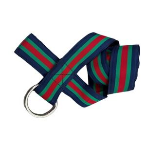 Vtg J Crew Ribbon Belt Striped D Ring Buckle Blue Green Classic Preppy